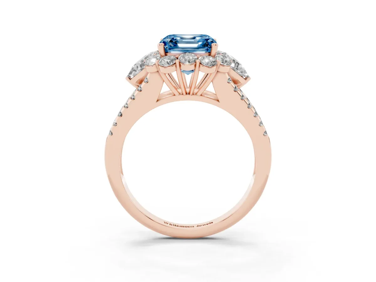 Fancy Blue Asscher Cut Halo Split Shank Diamond Engagement Ring with Prong Setting Rose gold