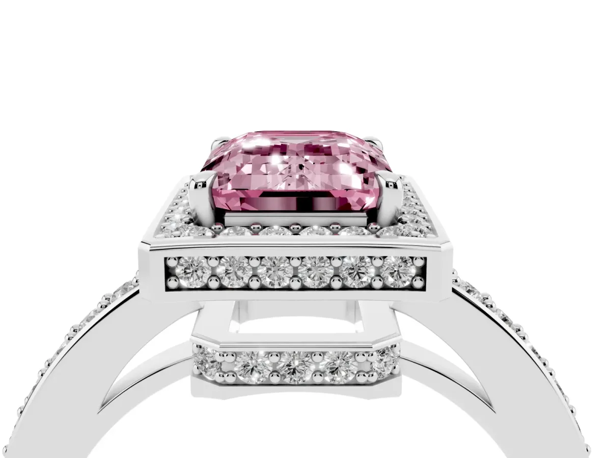 Fancy Pink Emerald Cut Halo Pave Band Solitaire Ring with Prong Setting Silver