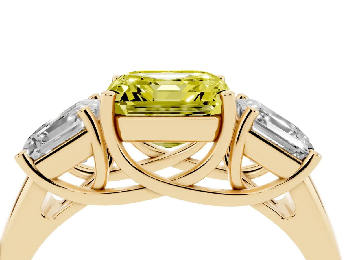 Fancy Yellow Three-Stone Asscher Cut Diamond Engagement Ring with Prong Setting Yellow gold