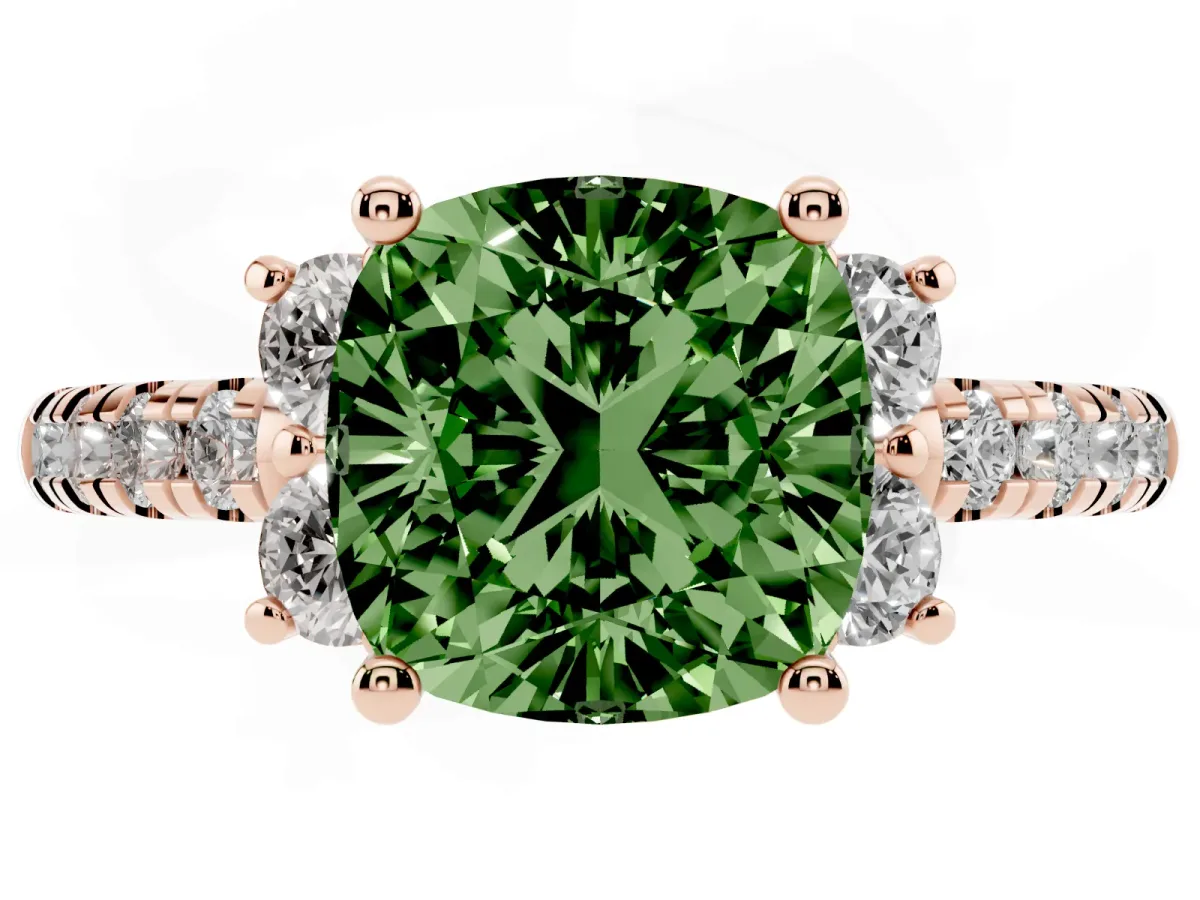 Fancy Green Cushion Cut Diamond Three-Stone Pave Band with Four-Prong Setting Rose gold