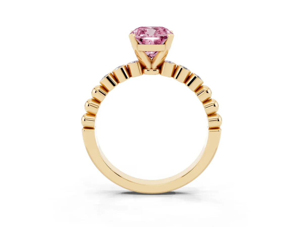 Fancy Pink Cushion Cut Solitaire Bezel Accent Diamond Engagement Ring with Beaded Band and Four-Prong Setting Yellow gold