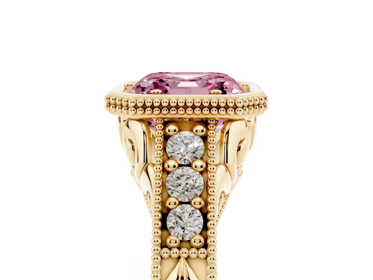 Fancy Pink Bezel Set Asscher Cut Diamond Milgrain Pave Engagement Ring Yellow gold