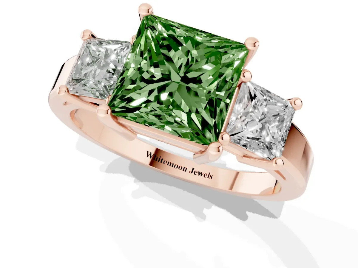 Fancy Green Three-Stone Princess Cut Cut Solitaire Ring with Prong Setting Rose gold