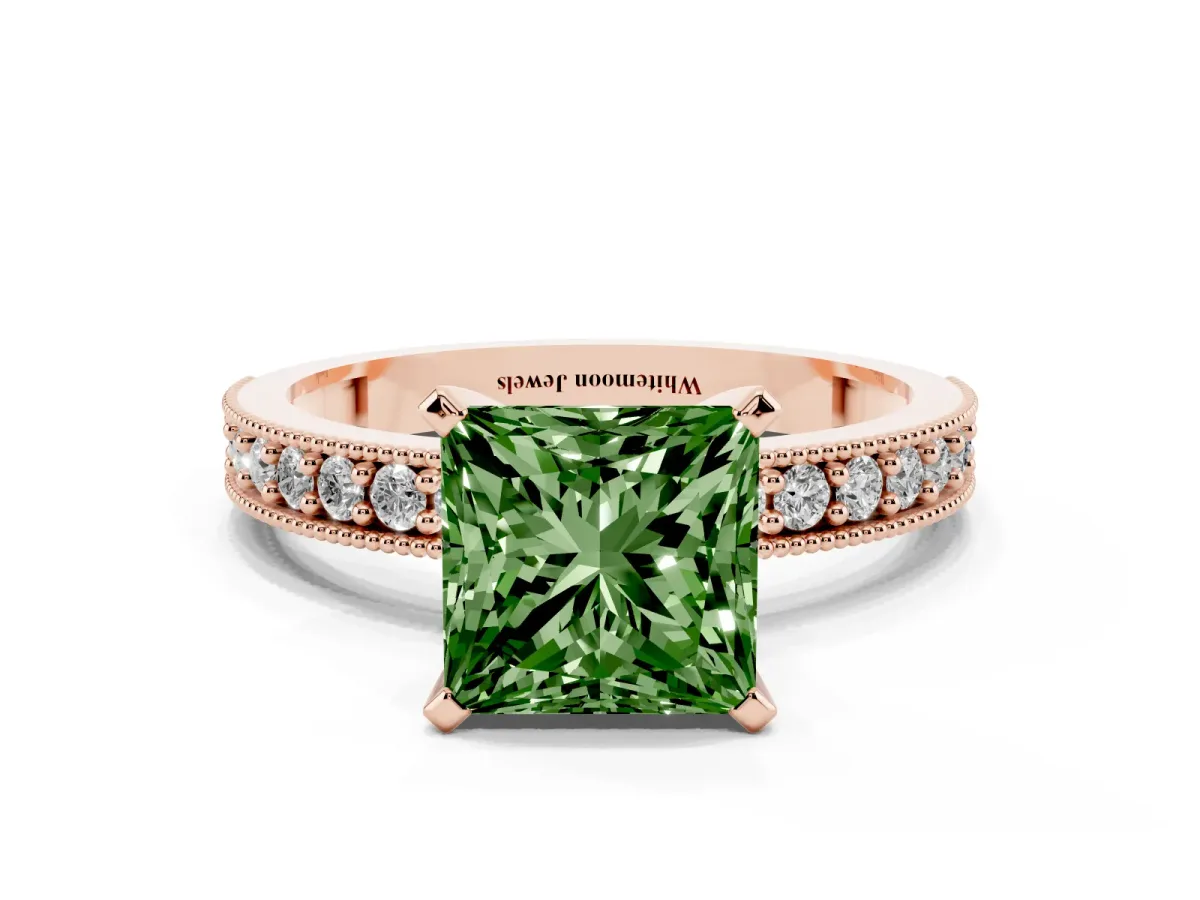 Fancy Green Princess Cut Diamond Milgrain Pavé Engagement Ring with Four-Prong Setting Rose gold