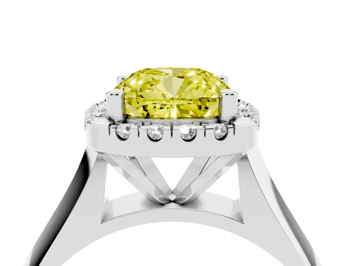 Fancy Yellow Cushion Cut Cut Halo Solitaire Engagement Ring with Square Band and Four-Prong Setting Platinum