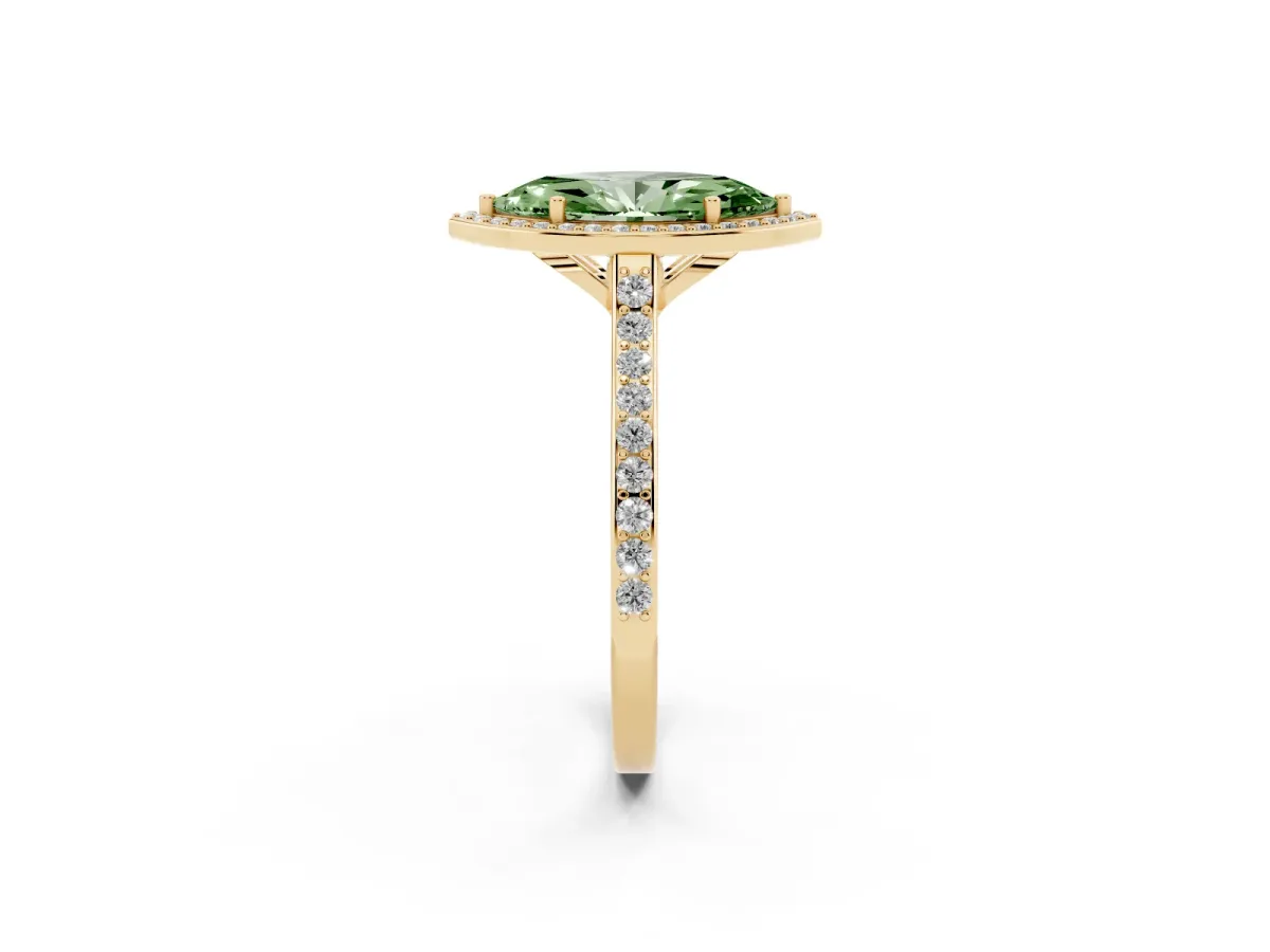Fancy Green Marquise Cut Diamond Halo Engagement Ring with Round Pavé Shoulders and Prong Setting Yellow gold