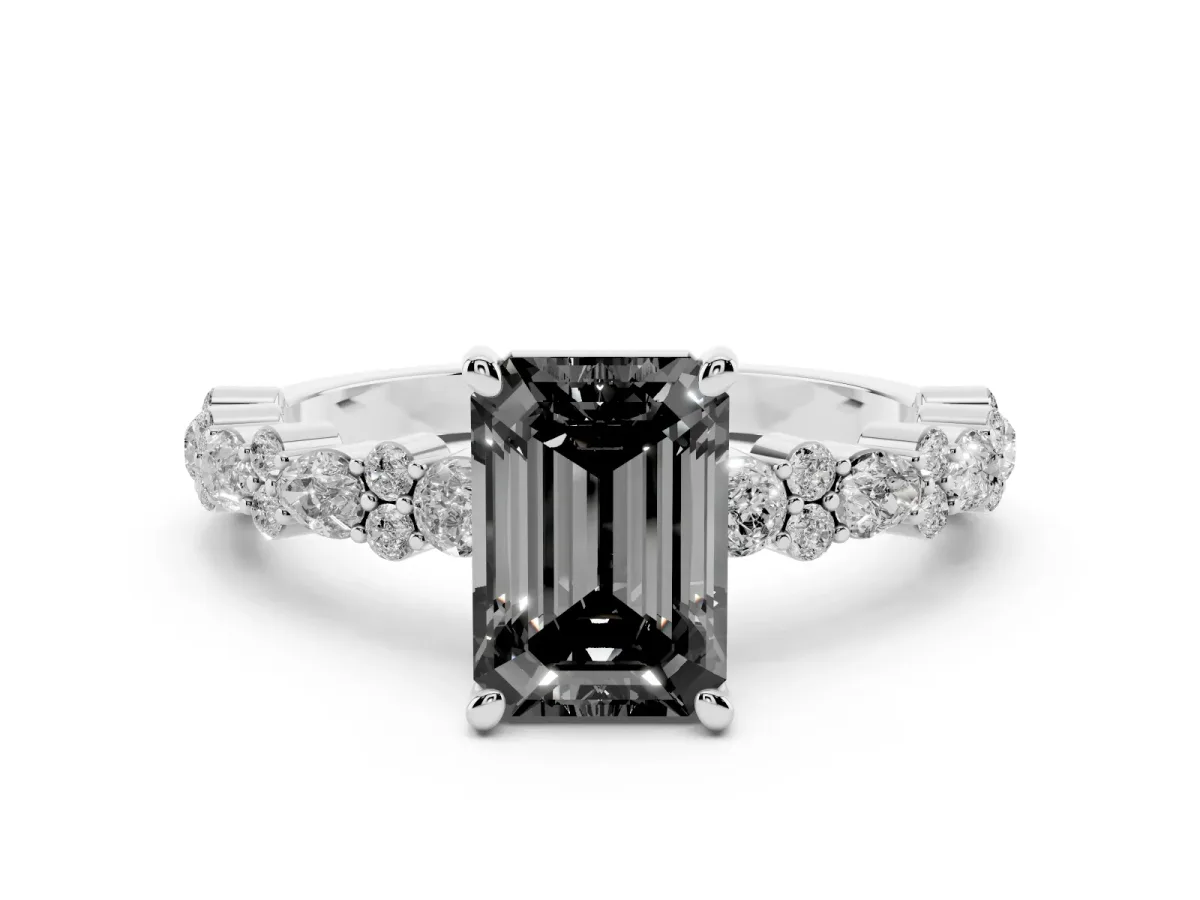 Fancy Black Emerald Cut Diamond Side Stone Solitaire Ring with Round and Four-Prong Setting Silver