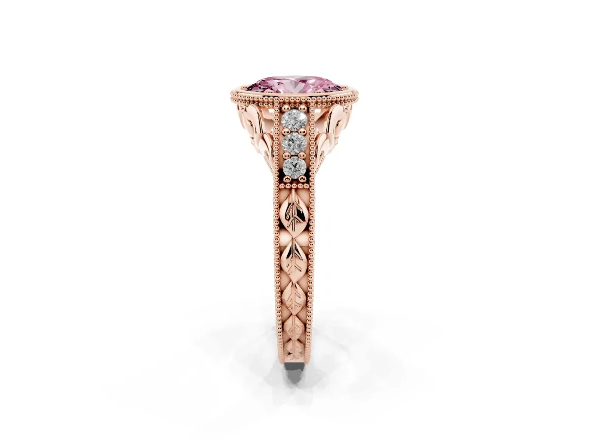 Fancy Pink Bezel Set Oval Cut Diamond Milgrain Pave Engagement Ring Rose gold