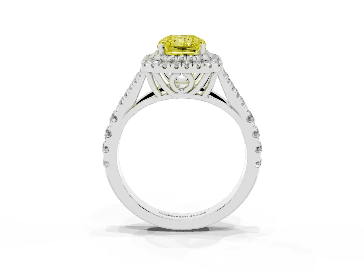 Fancy Yellow Radiant Cut Diamond Double Halo Ring with Split Shank and Prong Setting Platinum