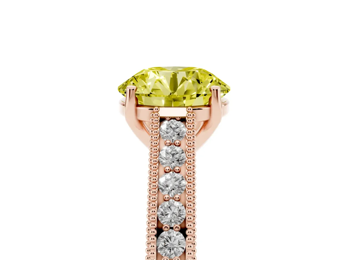 Fancy Yellow Round Cut Cut Pave Band Milgrain Solitaire Ring Rose gold