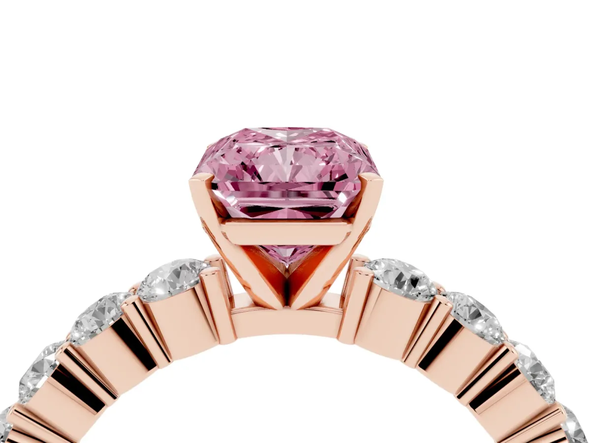 Fancy Pink Radiant Cut Diamond Solitaire Ring with Shared Prong Round Side Stones Rose gold