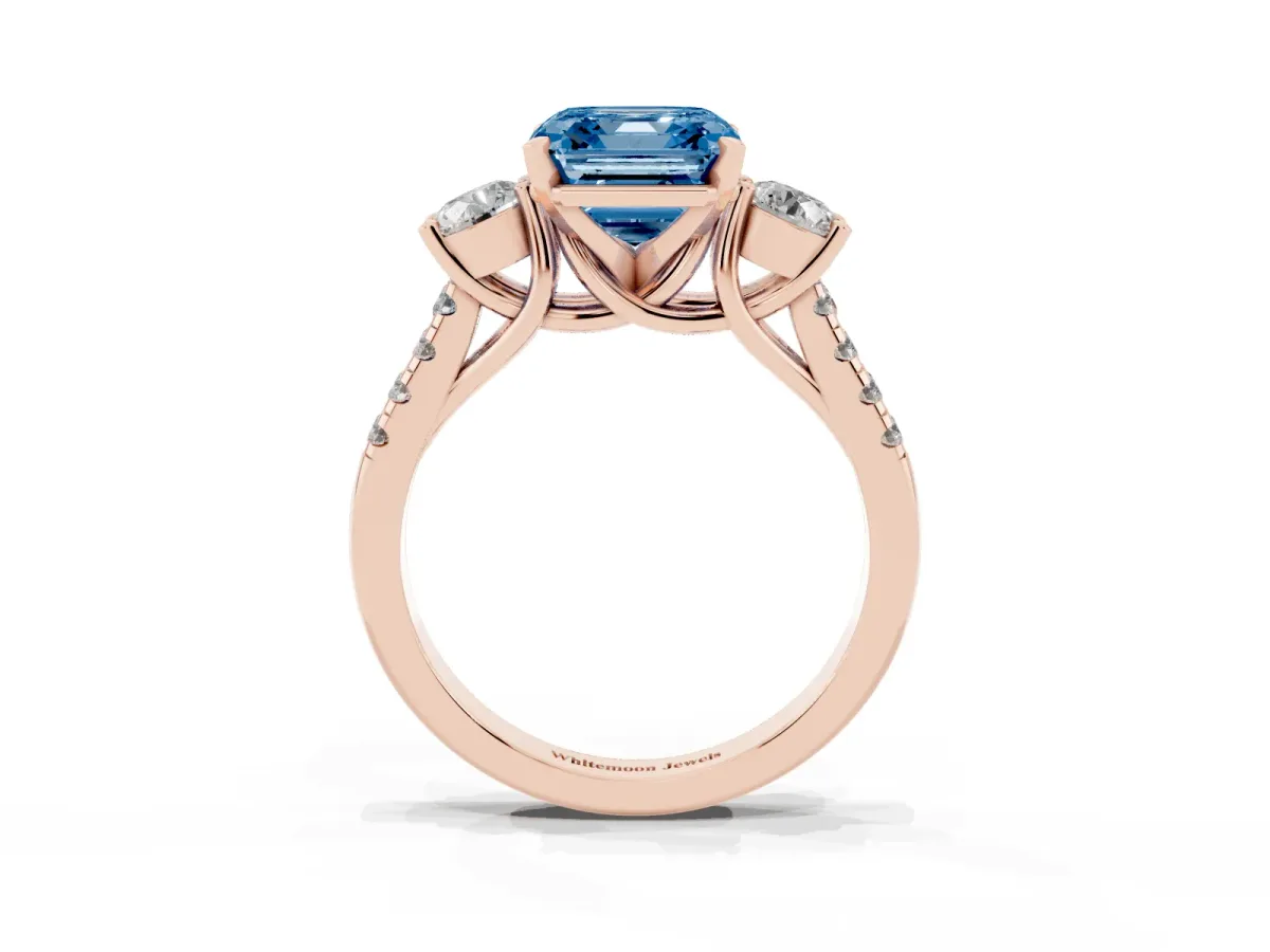 Fancy Blue Three-Stone Asscher Cut Diamond Pavé Band with Four-Prong Setting Rose gold