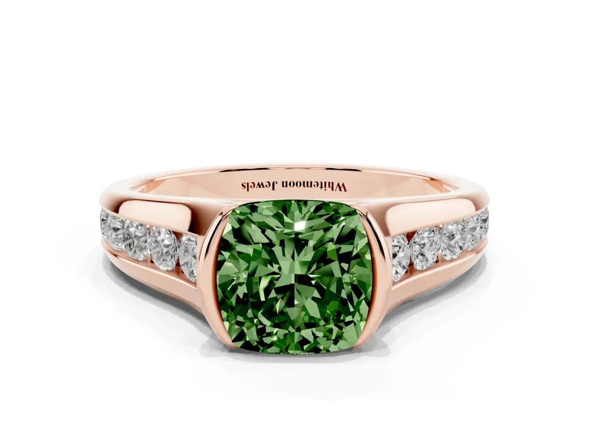 Fancy Green Cushion Cut Solitaire Bezel-Set Diamond Ring with Channel-Set Band Rose gold