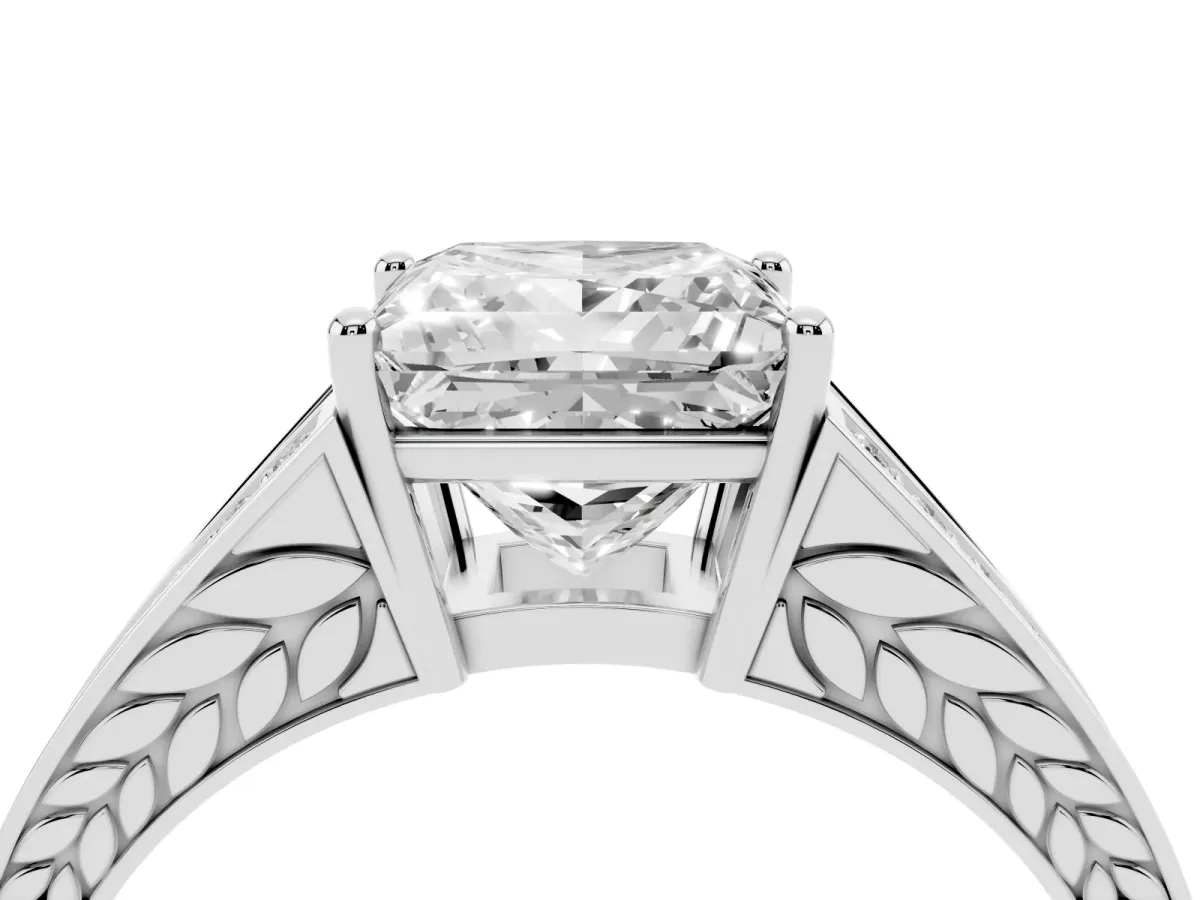 Princess Cut Diamond Split Shank Ring with Pavé Band and Four-Prong Setting White gold