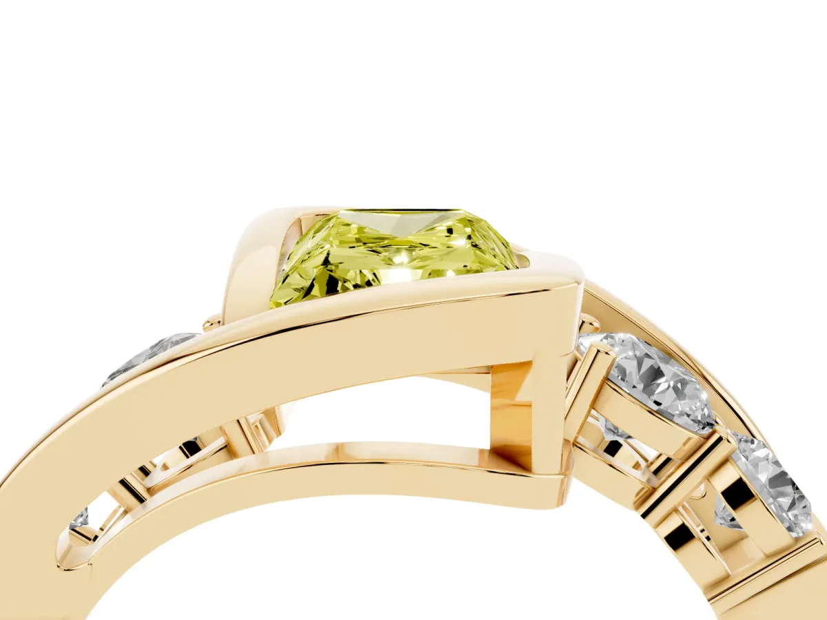 Fancy Yellow Bezel Set Radiant Cut Diamond Bypass Ring with Round Accents Yellow gold
