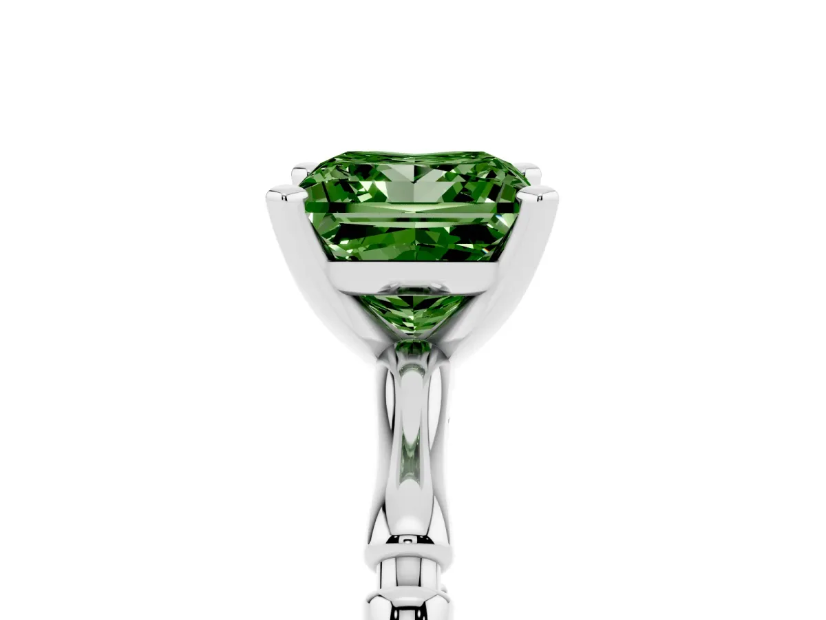 Fancy Green Princess Cut Solitaire Diamond Ring with Bamboo Band and Four-Prong Setting Silver