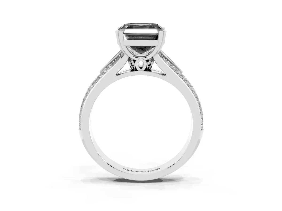 Fancy Black Asscher Cut Diamond Split Shank Engagement Ring with Pavé Band Silver