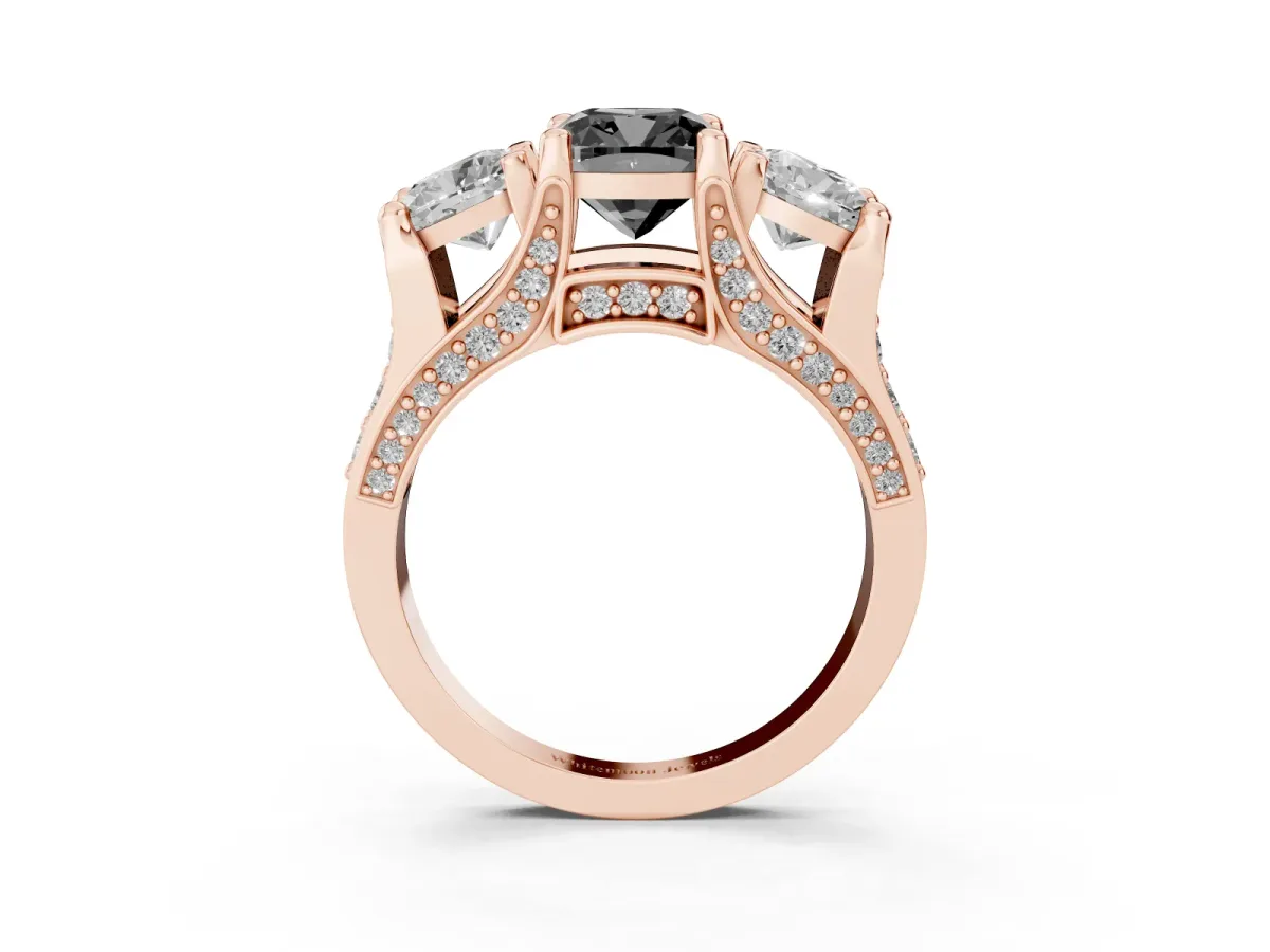 Fancy Black Cushion Cut Diamond Three-Stone Ring with Channel Set Band and Four-Prong Setting Rose gold