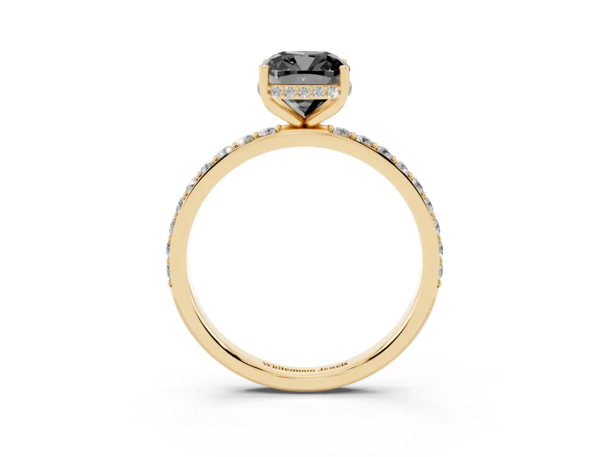 Fancy Black Cushion Cut Diamond Solitaire Ring with Pavé Band and Hidden Halo Yellow gold