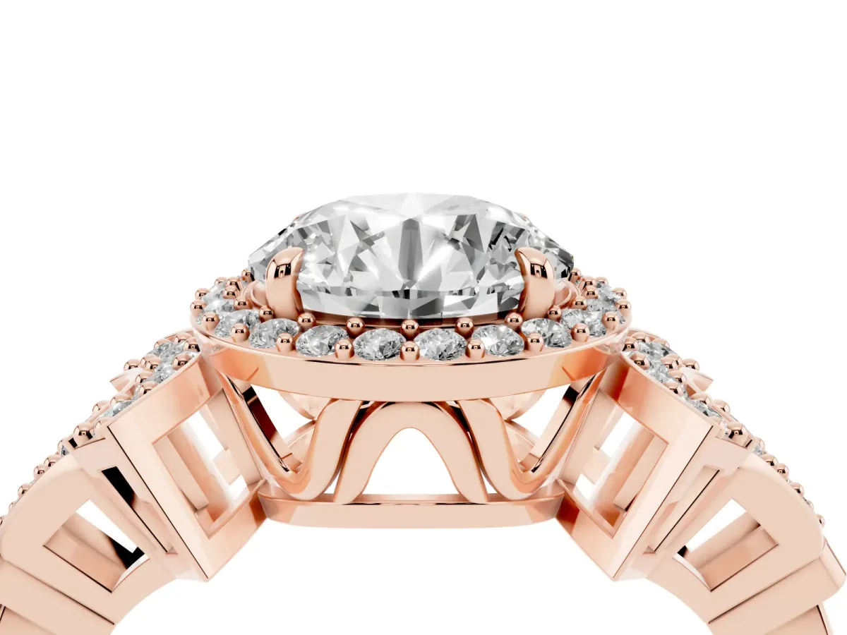 Round Cut Halo Diamond Split Shank Engagement Ring with Four-Prong Setting Rose gold