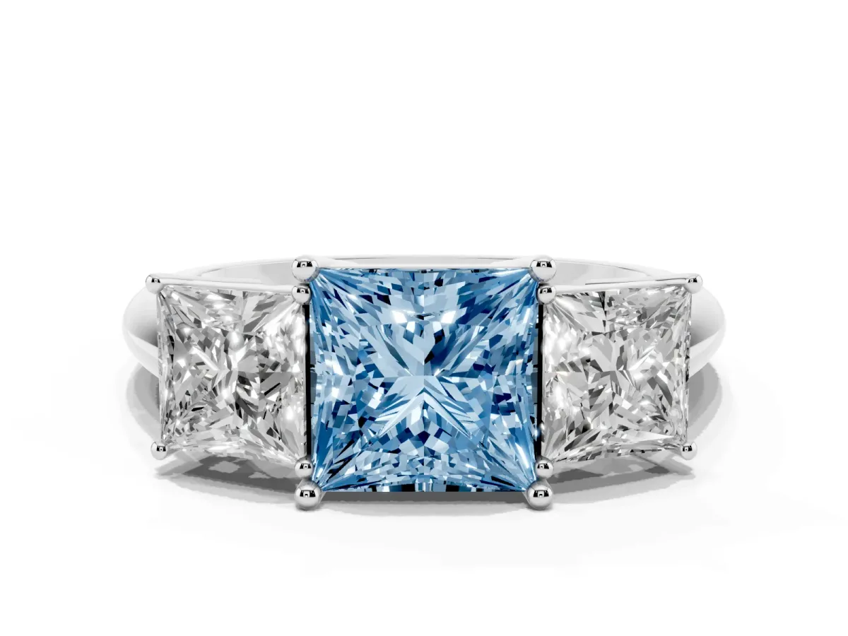 Fancy Blue Three-Stone Princess Cut Cut Diamond Engagement Ring with Prong Setting on a White Gold Band Silver