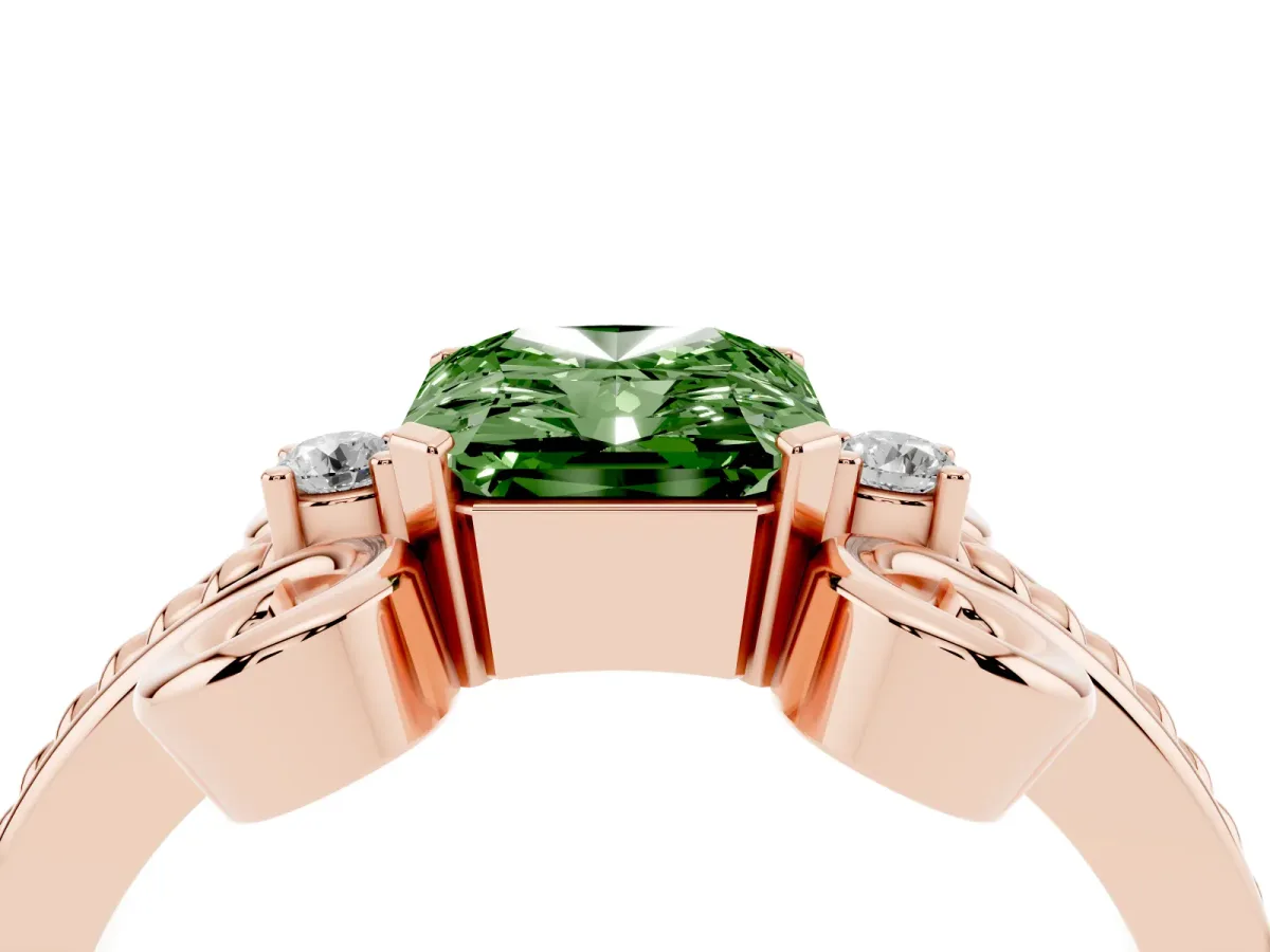 Fancy Green Radiant Cut Solitaire Twisted Band Scroll Prong Ring Rose gold