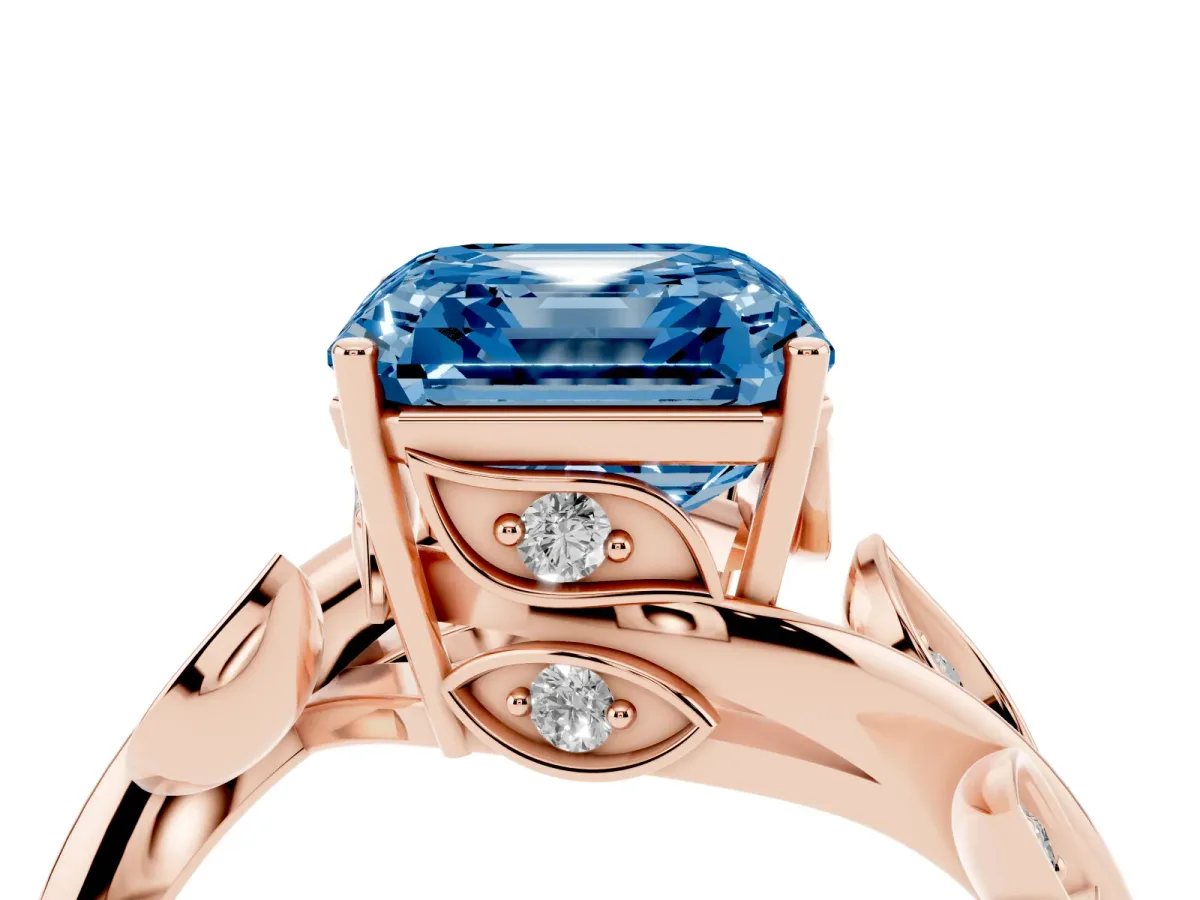 Fancy Blue Asscher Cut Solitaire Twist Engagement Ring with Leaf Accents and Prong Setting Rose gold