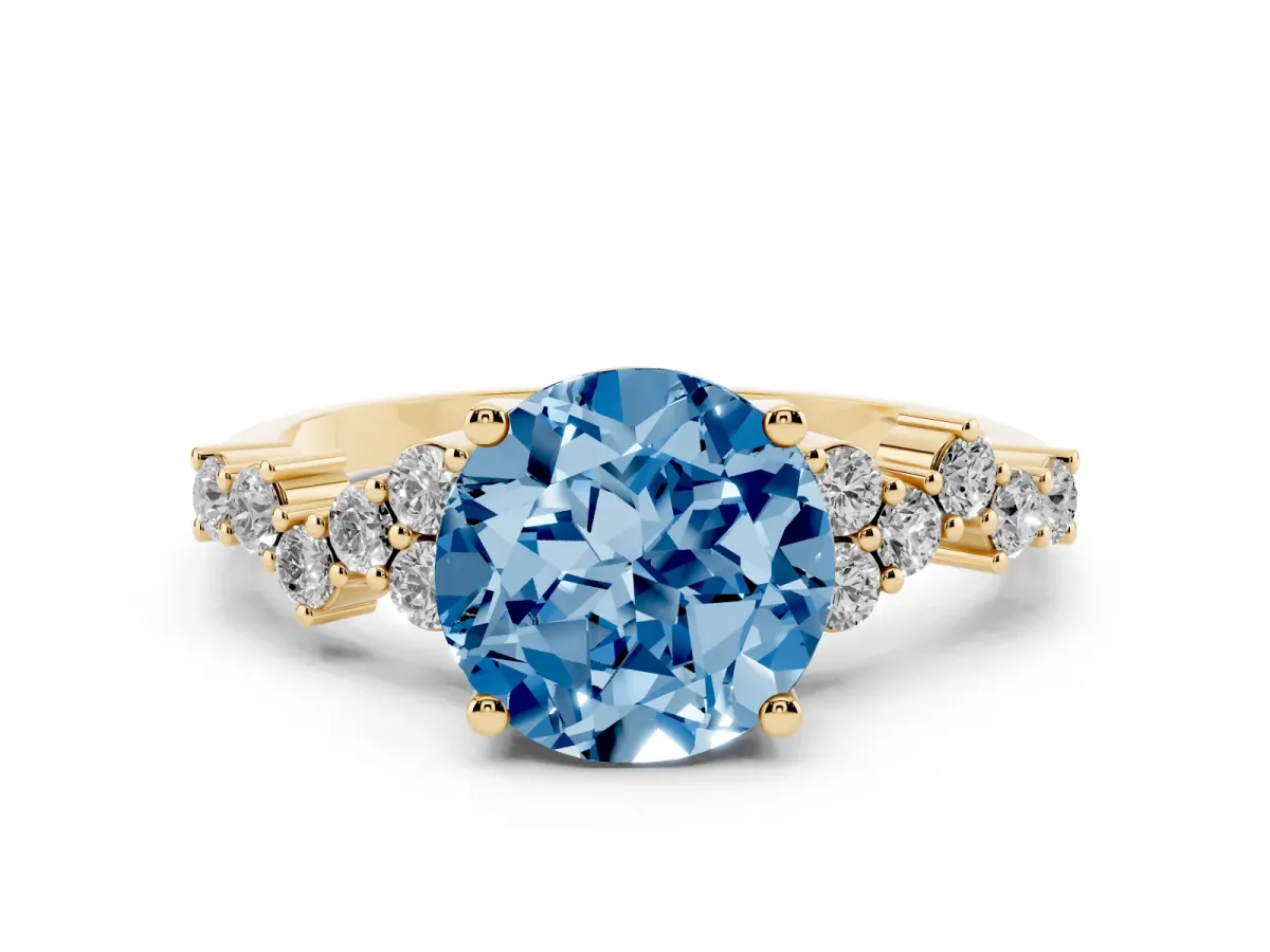 Fancy Blue Round Cut Diamond Scattered Round Accent Ring with Prong Setting Yellow gold