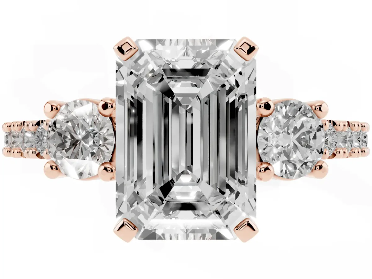 Emerald Cut Three-Stone Diamond Pavé Band with Prong Setting Rose gold