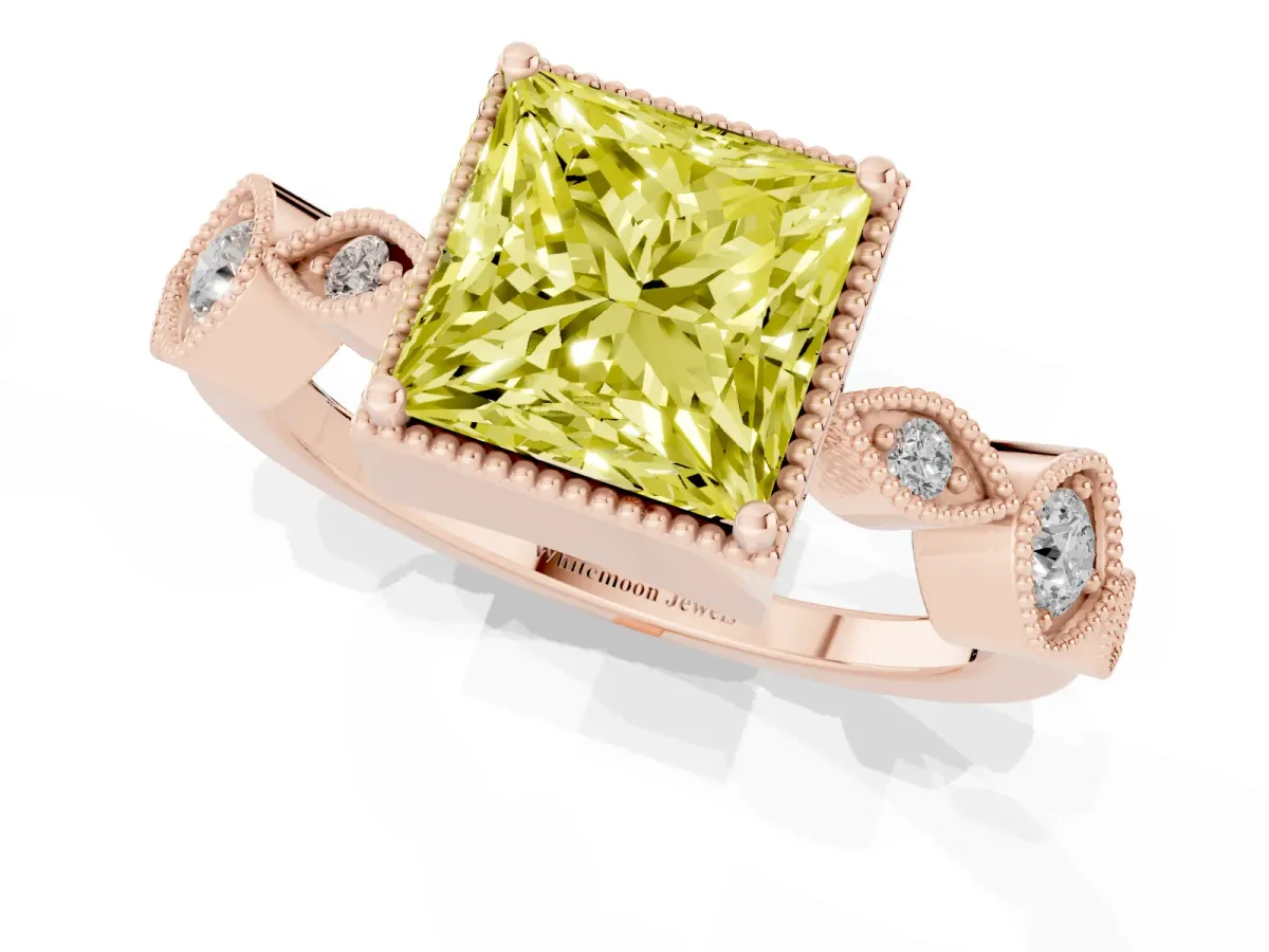 Fancy Yellow Princess Cut Diamond Vintage Milgrain Ring with Round Stations Rose gold