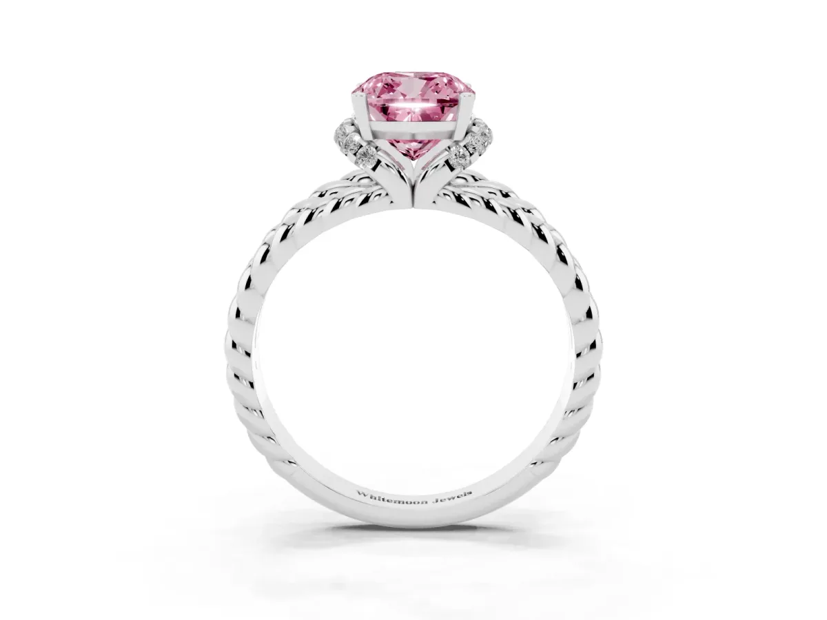 Fancy Pink Cushion Cut Halo Twisted Band Four-Prong Ring Silver