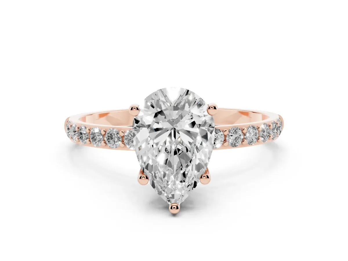 Pear Cut Diamond Solitaire Ring with Round Pavé Shoulders and Prong Setting Rose gold