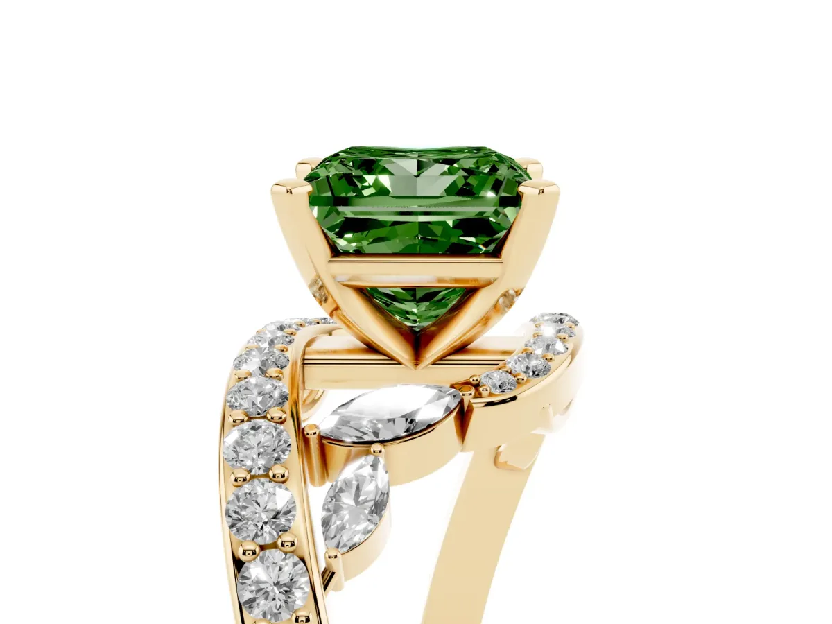 Fancy Green Princess Cut Solitaire with Pavé Twist Band and Four-Prong Setting Yellow gold