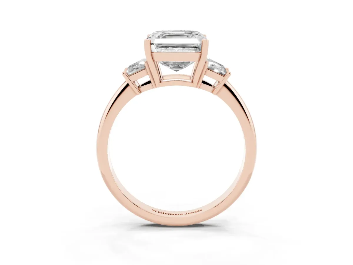 Asscher Cut Diamond Three-Stone Ring with Trapezoid Side Stones and Prong Setting Rose gold