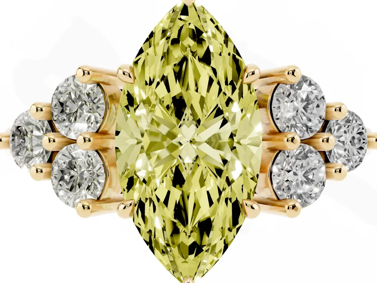 Fancy Yellow Marquise Cut Brilliant Diamond Cluster Accent Solitaire Ring with Prong Setting Yellow gold