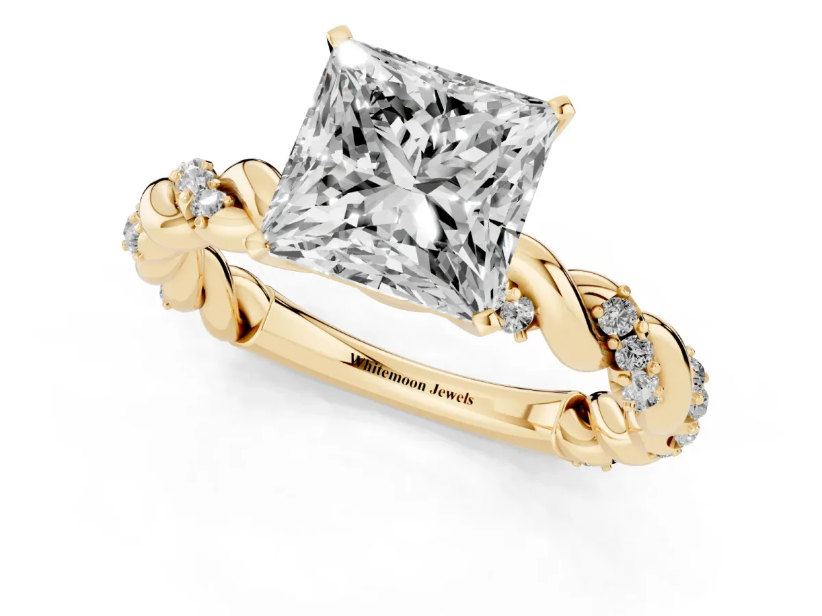 Princess Cut Diamond Solitaire Ring with Twisted Band and Pavé Accents Yellow gold