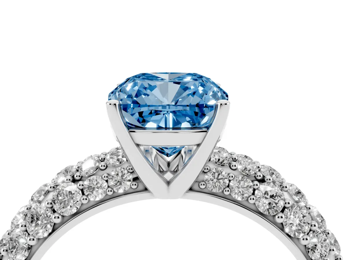 Fancy Blue Cushion Cut Diamond Pavé Band Solitaire Ring with Four-Prong Setting White gold