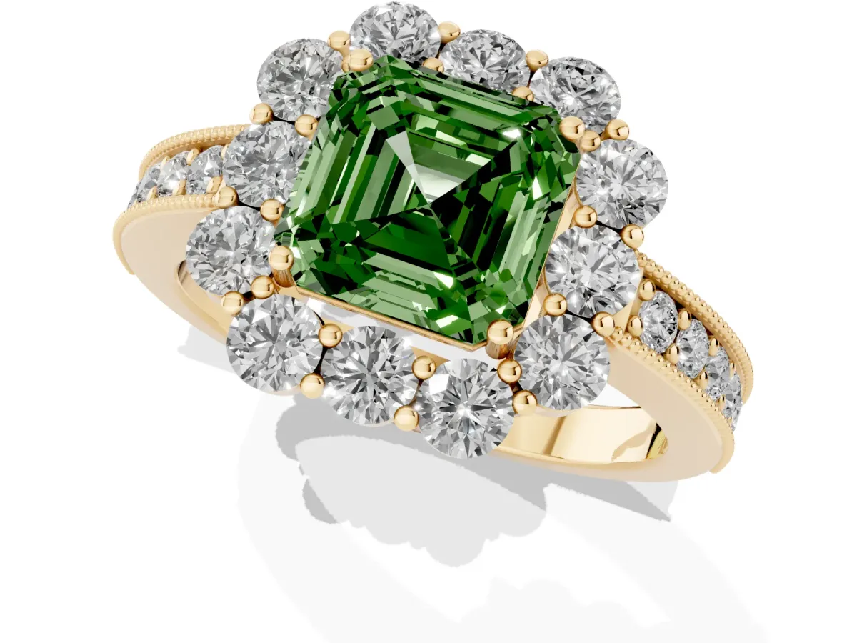 Fancy Green Asscher Cut Cut Halo Diamond Pavé Engagement Ring with Milgrain Detailing Yellow gold
