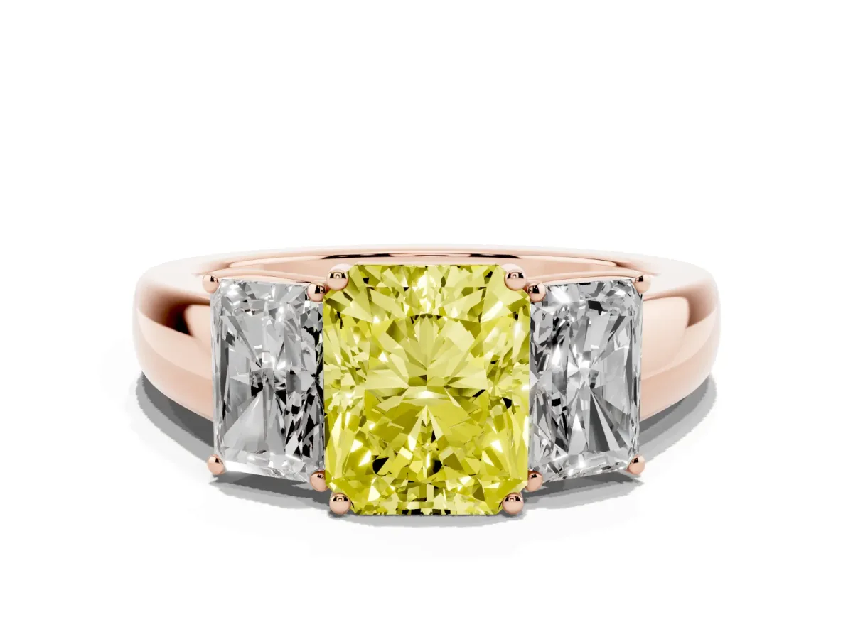 Fancy Yellow Three-Stone Radiant Cut Cut Diamond Ring with Prong Setting and Classic Band Rose gold