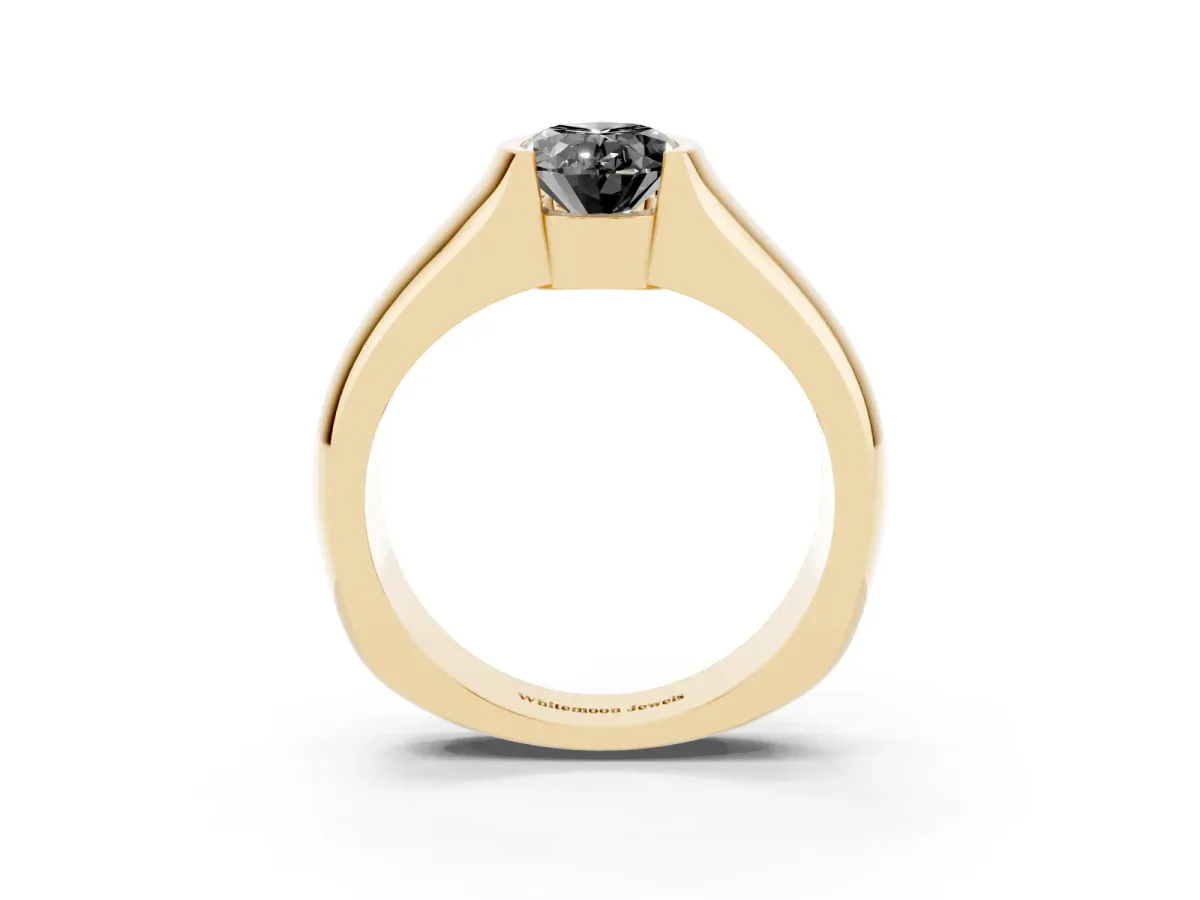 Fancy Black Oval Cut Solitaire Bezel Set Diamond Ring with Wide Band Yellow gold