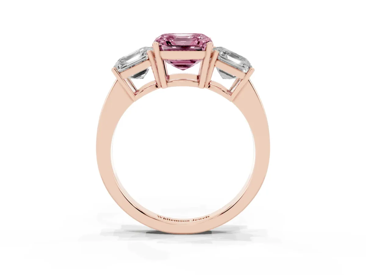 Fancy Pink Three-Stone Asscher Cut Cut Diamond Engagement Ring with Flat Band and Four-Prong Setting Rose gold