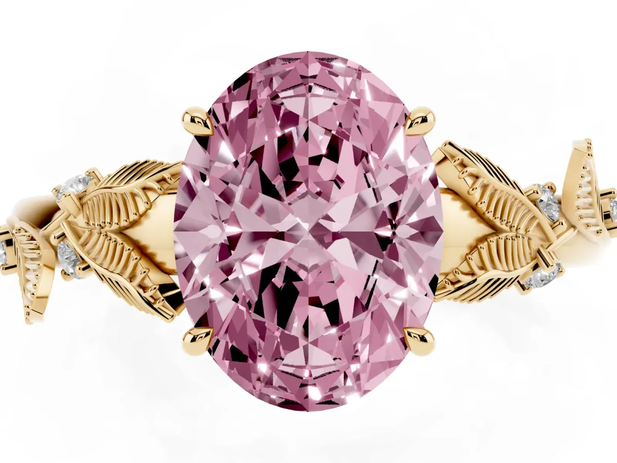 Fancy Pink Oval Cut Diamond Solitaire Ring with Leaf Motif Band and Four-Prong Setting Yellow gold