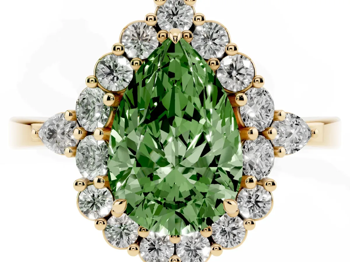 Fancy Green Pear Cut Diamond Halo Ring with Pear Side Stones and Prong Setting Yellow gold
