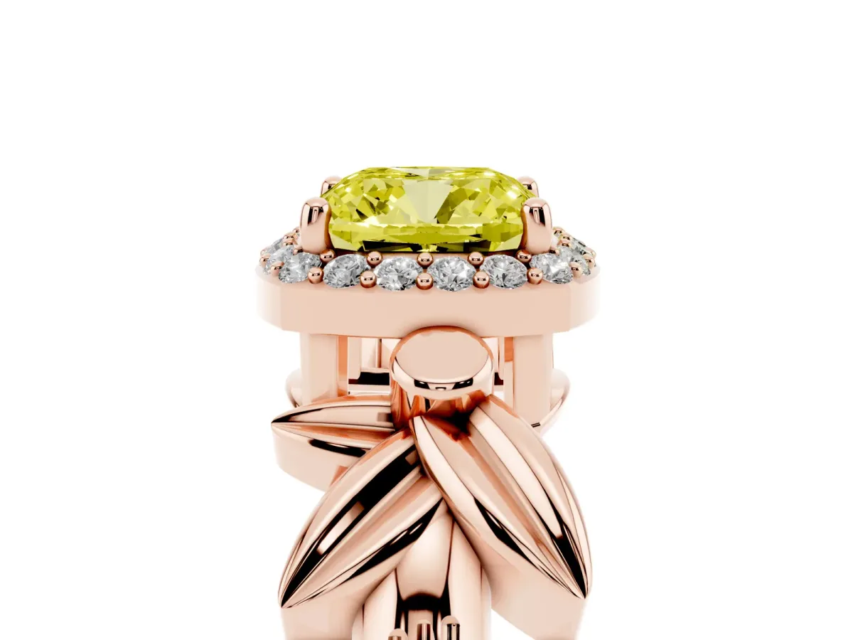 Fancy Yellow Cushion Cut Halo Diamond Floral Band with Four-Prong Setting Rose gold