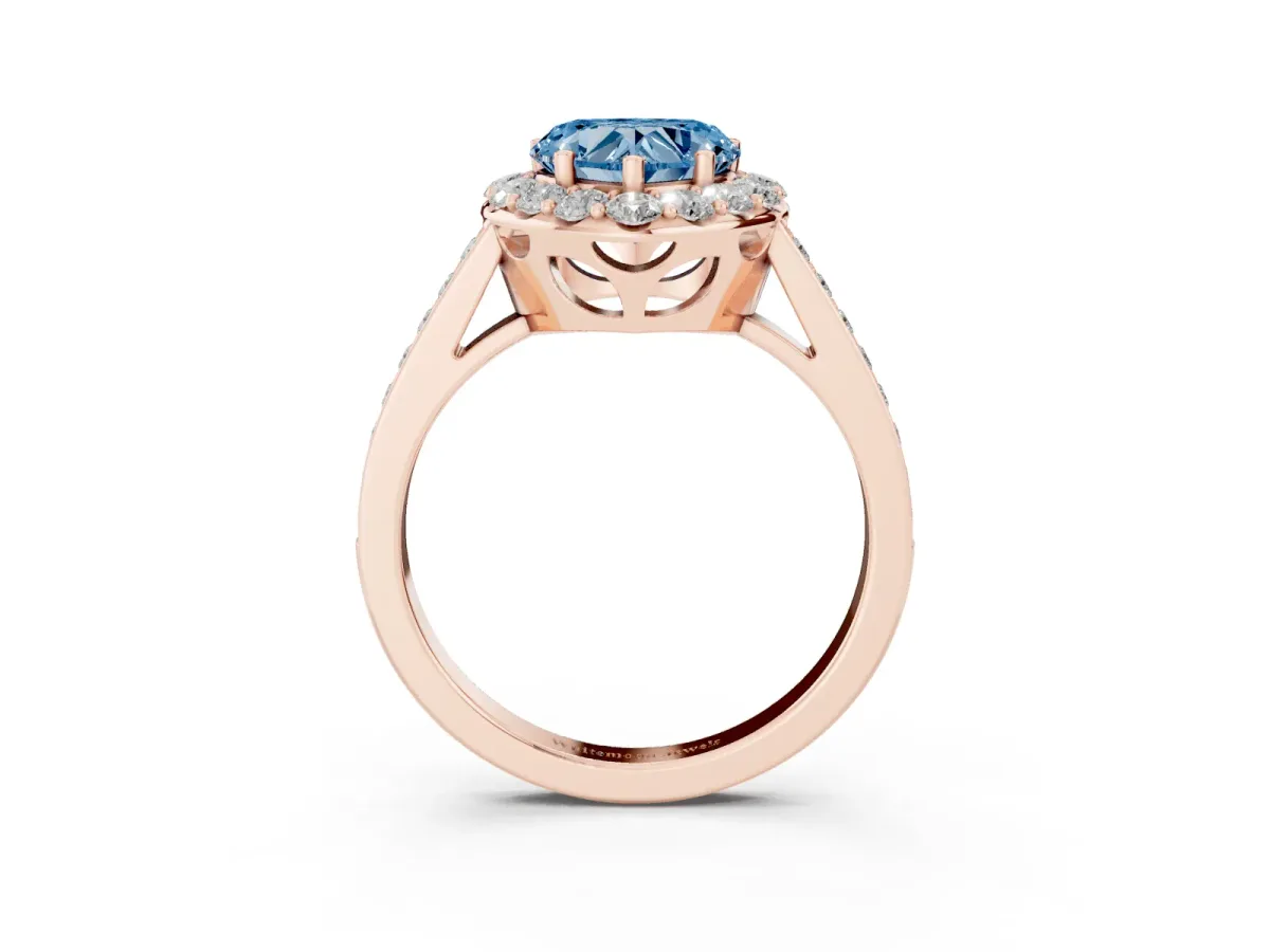 Fancy Blue Heart Cut Diamond Floral Halo Ring with Pavé Band and Prong Setting Rose gold