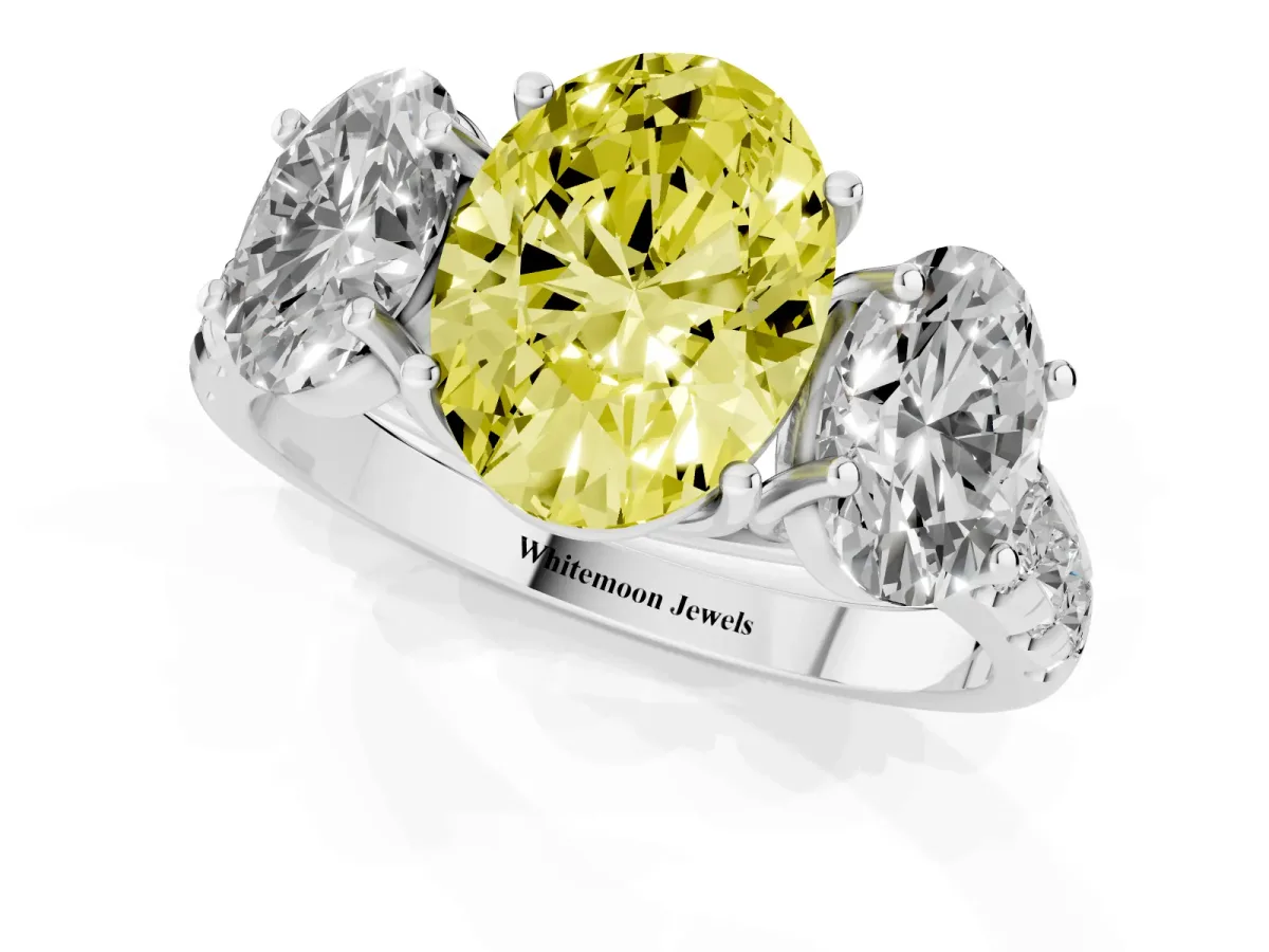 Fancy Yellow Three-Stone Oval Cut Diamond Pavé Band with Prong Setting Silver
