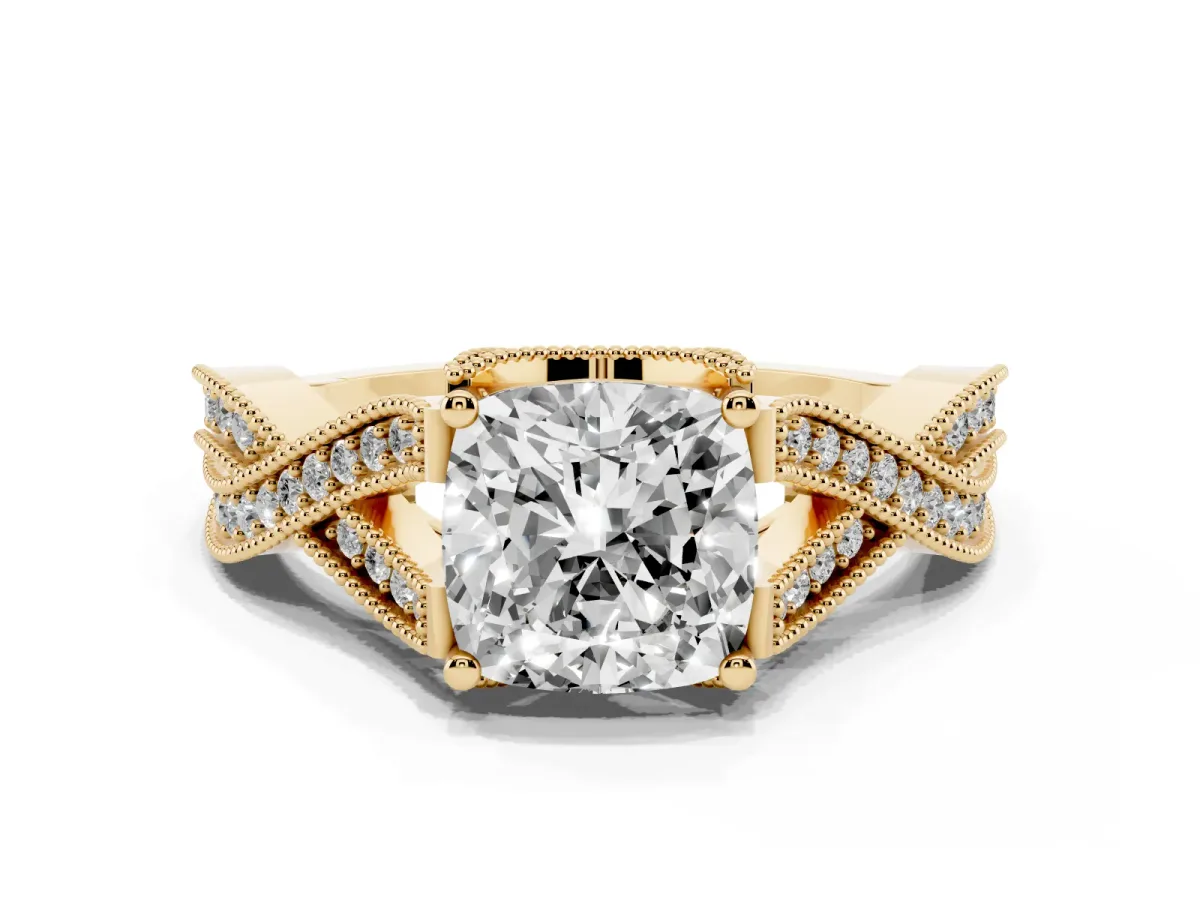 Cushion Cut Cut Diamond Twisted Band with Milgrain Pave Setting and Four-Prong Setting Yellow gold