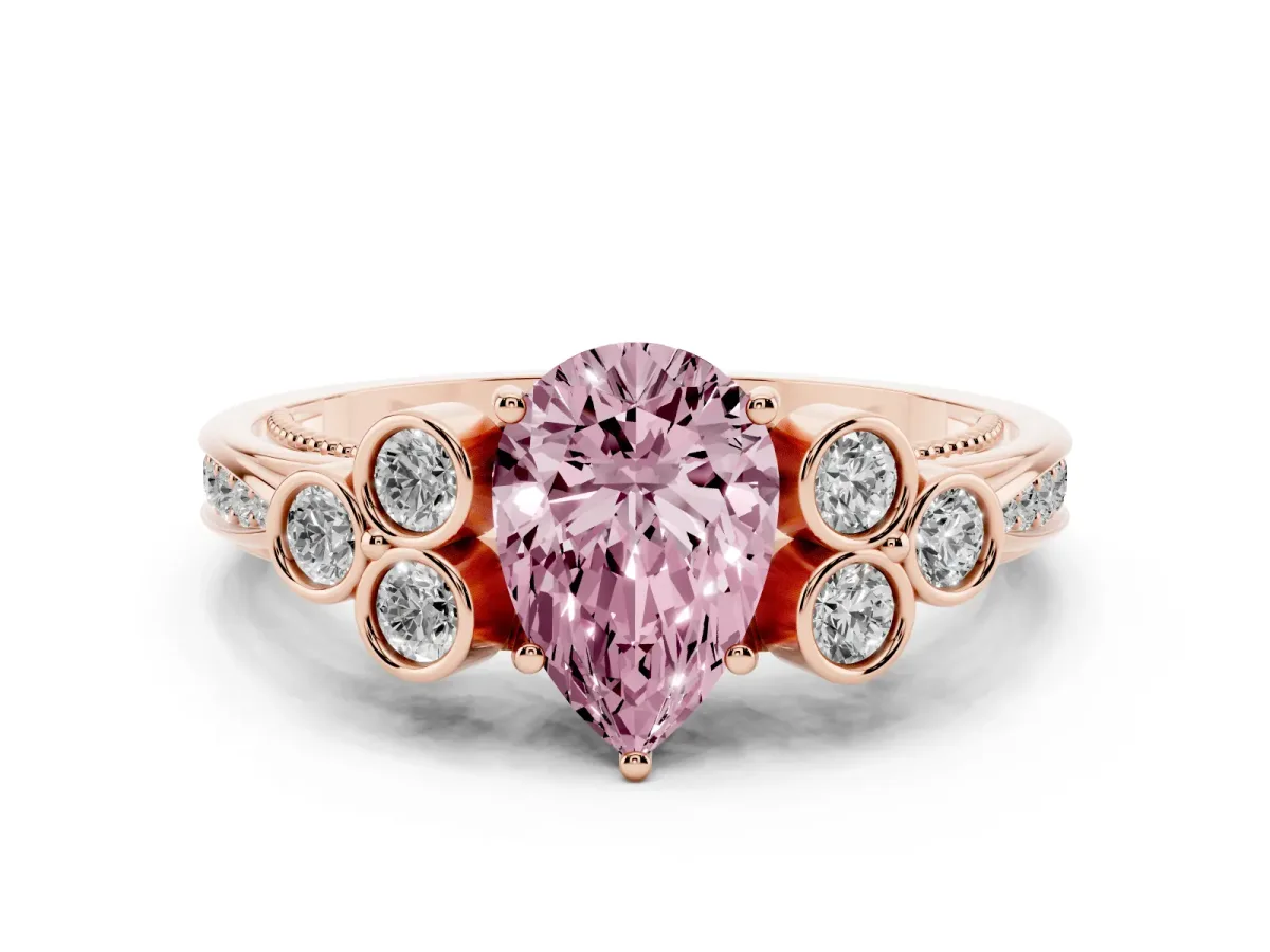 Fancy Pink Pear Cut Cut Diamond Engagement Ring with Bezel Set Round Side Stones and Prong Setting Rose gold
