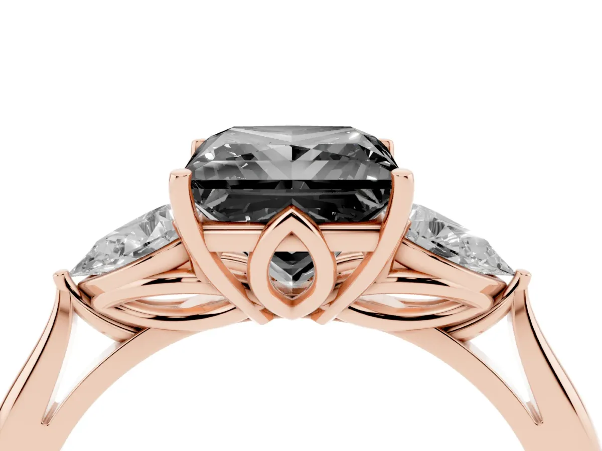 Fancy Black Three-Stone Princess Cut Brilliant Diamond Solitaire Ring with Tapered Band and Four-Prong Setting Rose gold