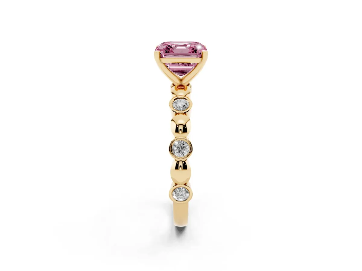 Fancy Pink Asscher Cut Solitaire Bezel-Set Diamond Ring with Beaded Band and Four-Prong Setting Yellow gold